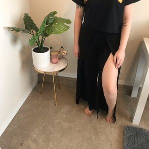 Wide leg, high slit black trousers